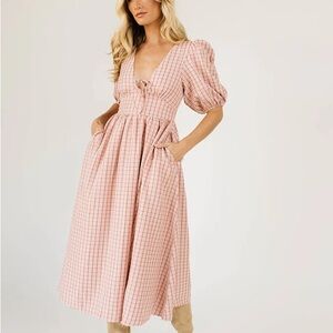 Pink and White Puff Sleeve Midi Sundress